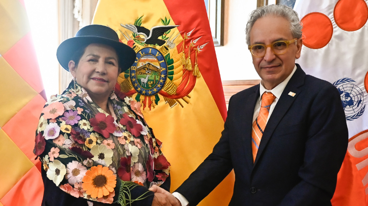 Canciller del Estado Plurinacional de Bolivia, Celinda Sosa; y Representante del UNFPA en Bolivia, Pablo Salazar, en la sesión protocolar realizada en Cancillería. @Cancillería de Bolivia