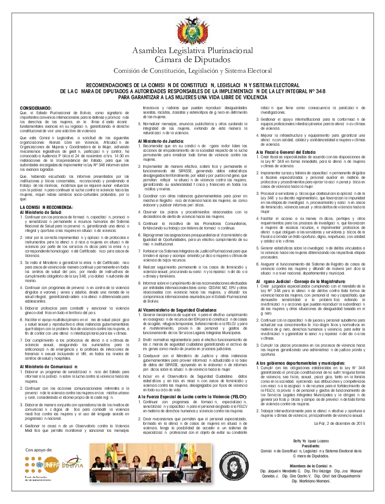 Recomendaciones de la Comisión de Constitución, Legislación y Sistema Electoral de la H.C.D. a Autoridades Responsables de la Implementación de la Ley Integral No. 348