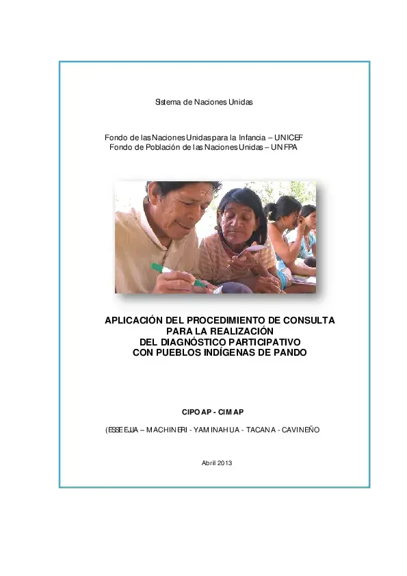 Aplicación del procedimiento de consulta para la realización del diagnóstico participativo con pueblos indígenas de Pando CIPOAP – CIMAP (ESSE EJJA – MACHINERI - YAMINAHUA - TACANA – CAVINEÑO), 2013