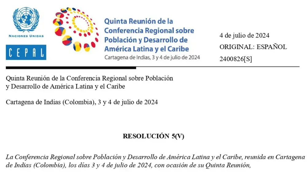 Resolución 5. Quinta Reunión de la Conferencia Regional sobre Población y Desarrollo de América Latina y el Caribe. Cartagena de Indias, Colombia